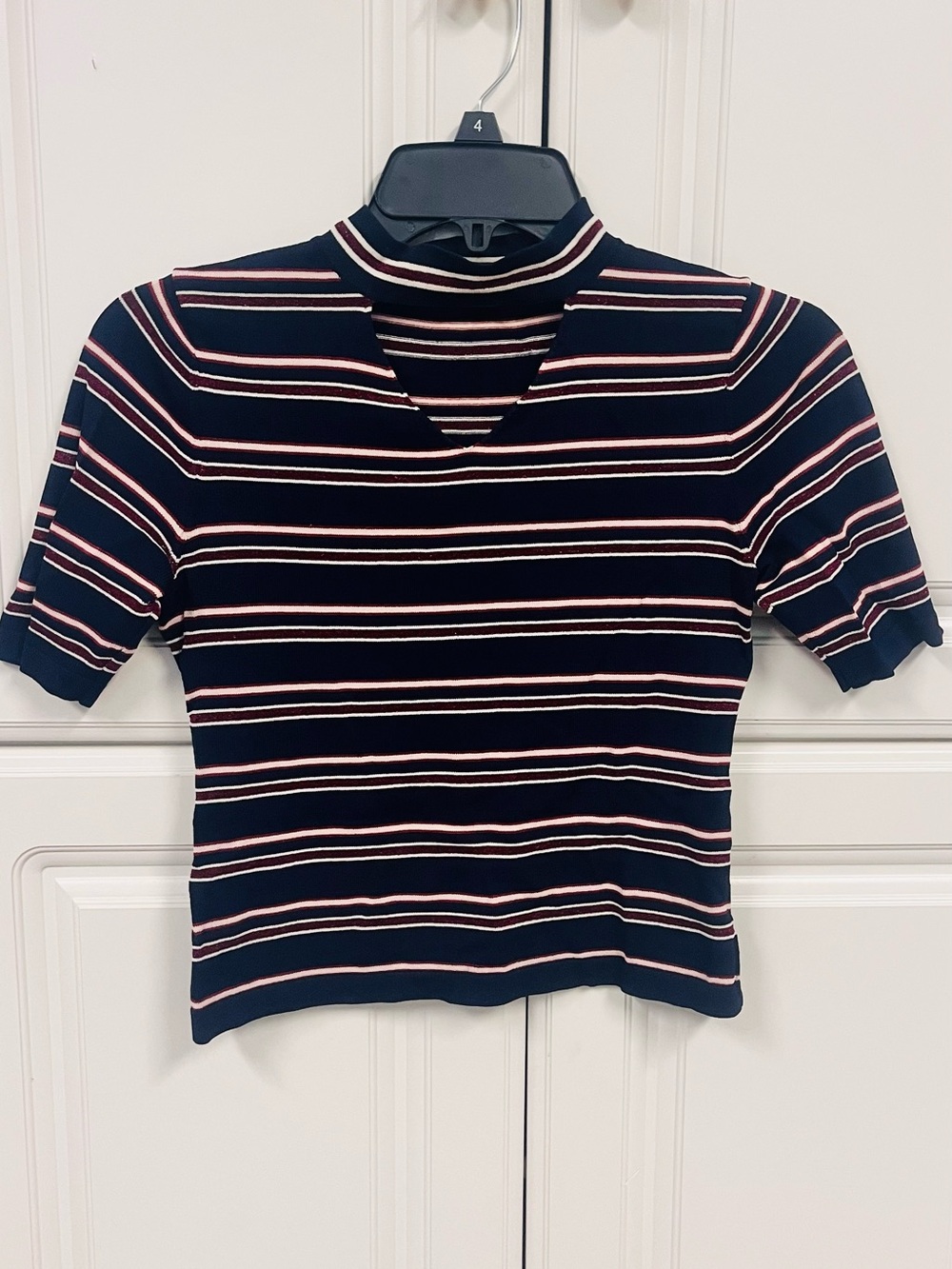 Striped Mock Neck Short Sleeve Top - Navy and Pink